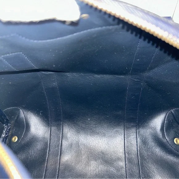 CELINE Authentic Vintage C Macadam Navy Blue Canvas Leather Trim Boston Bag Tote - Picture 9 of 17